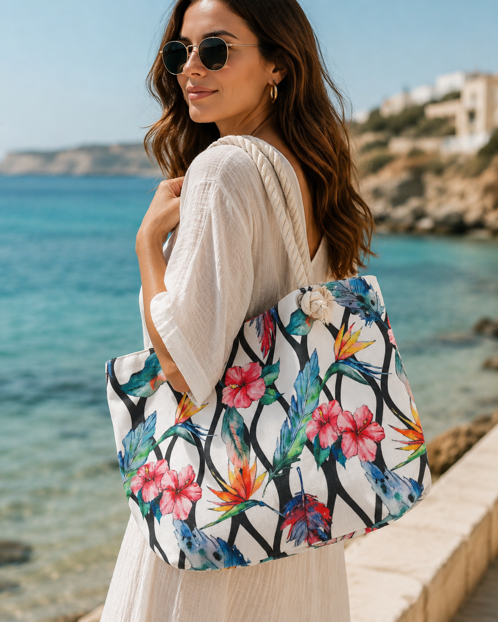 Tropical Bloom Rope Handle Beach Tote Bag