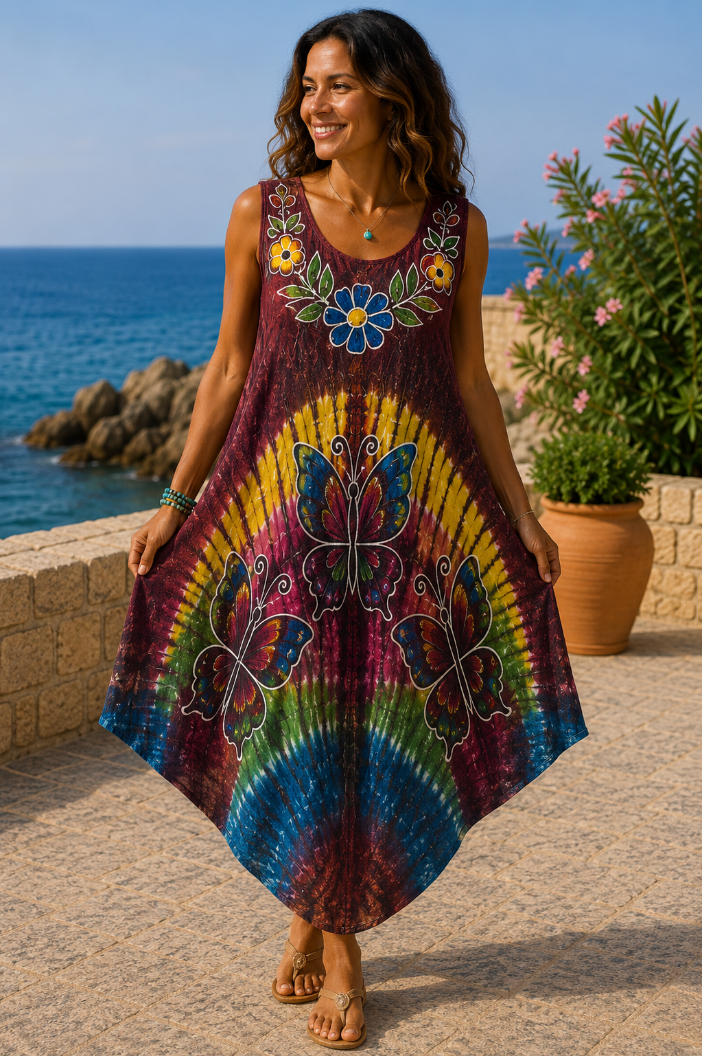 Boho Butterfly Hand-Painted Hanky Hem Dress