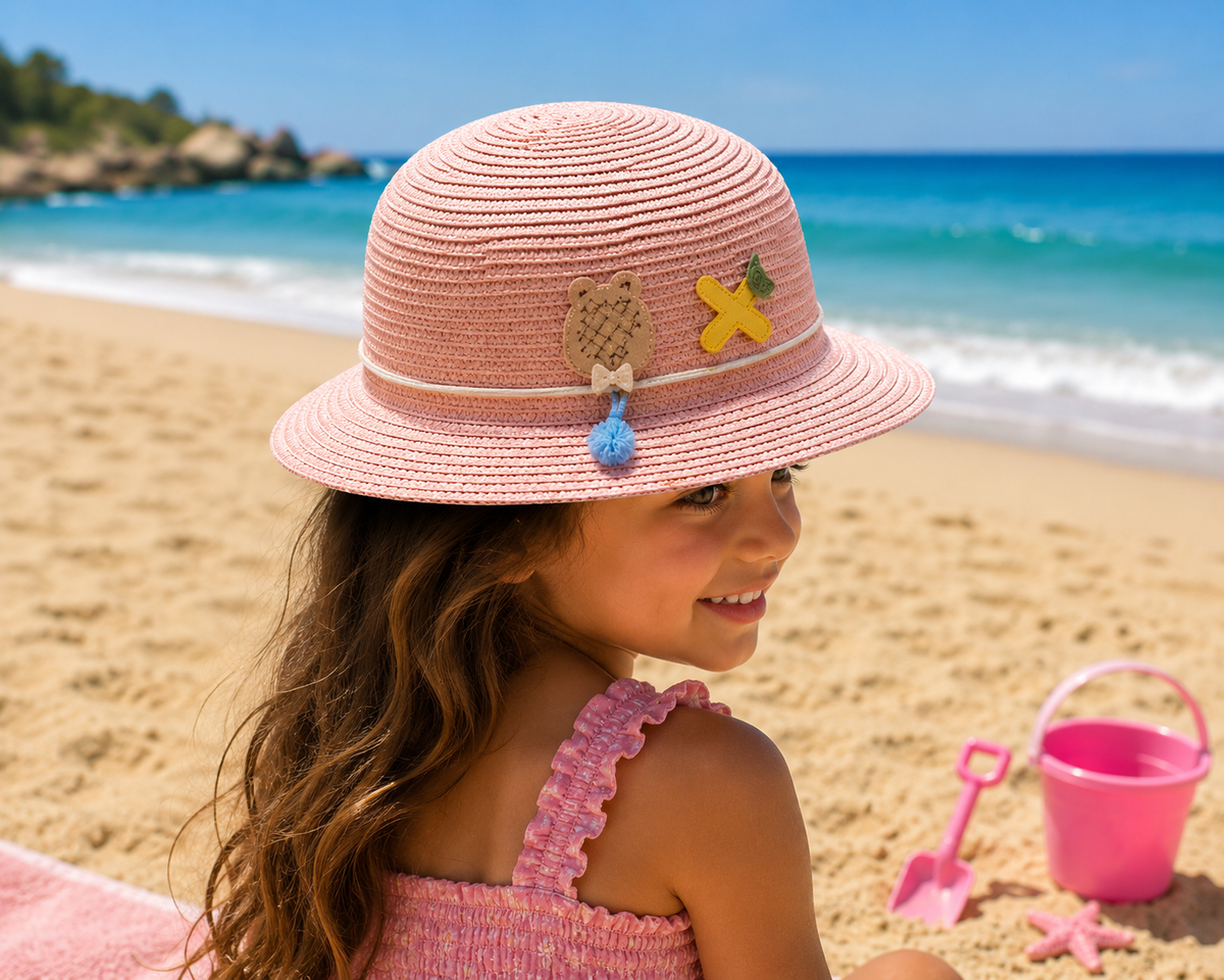 Girls' Woven Summer Sun Hat with Ice Cream Charm