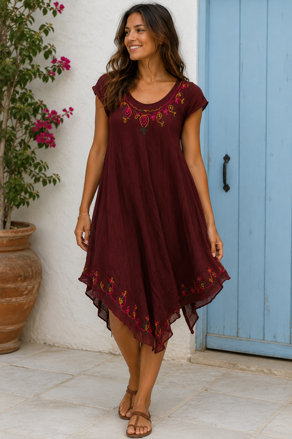 Boho Embroidered Handkerchief Hem Dress
