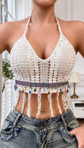 Boho Crochet Halter Crop Top with Tassels