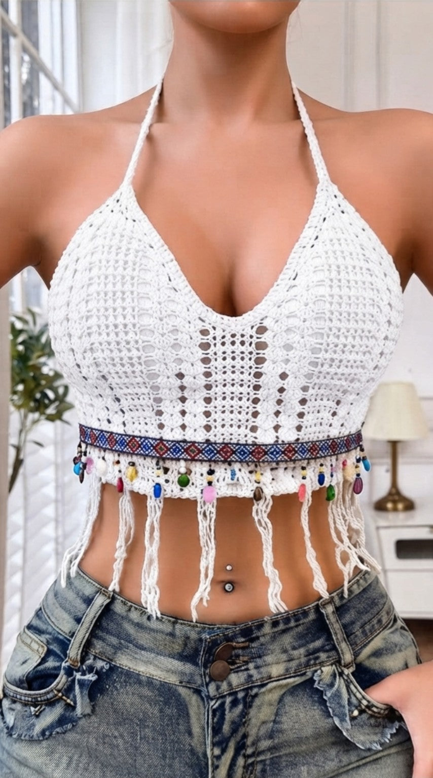 Boho Crochet Halter Crop Top with Tassels