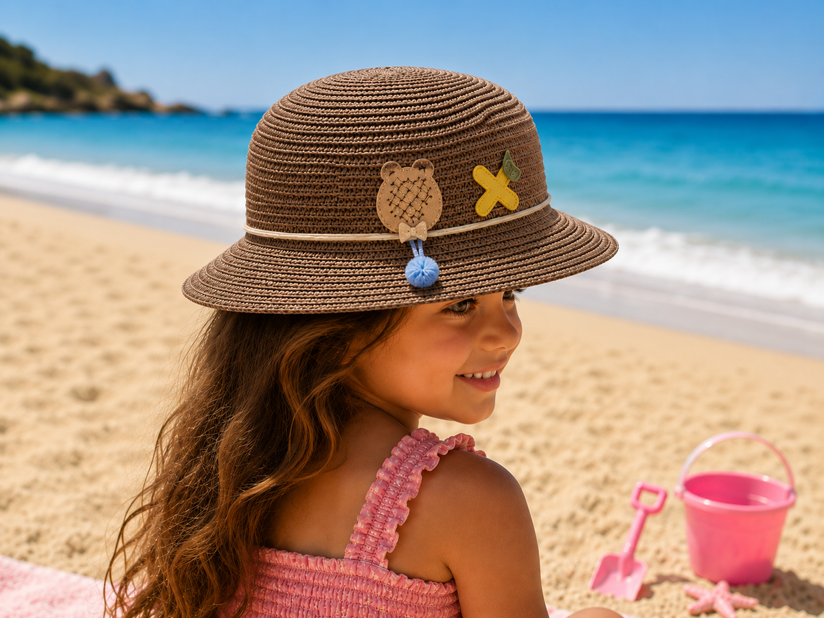 Girls' Woven Summer Sun Hat with Ice Cream Charm
