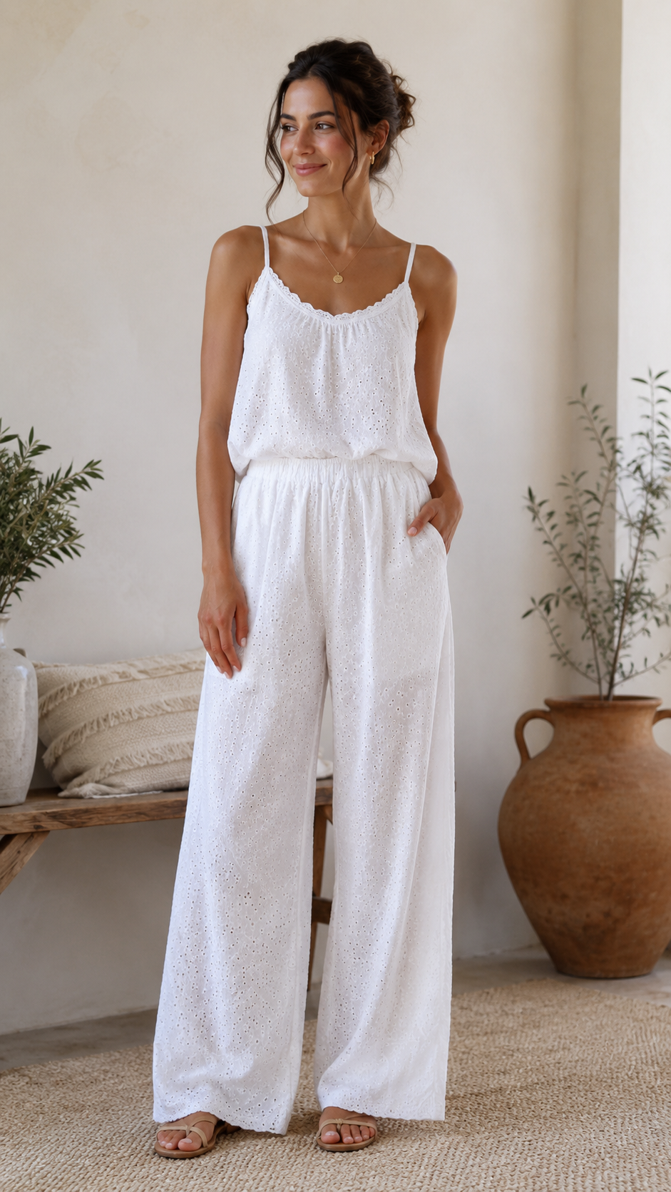 Broderie Anglaise Wide-Leg Cotton Trousers