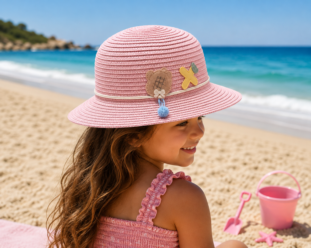 Girls' Woven Summer Sun Hat with Ice Cream Charm