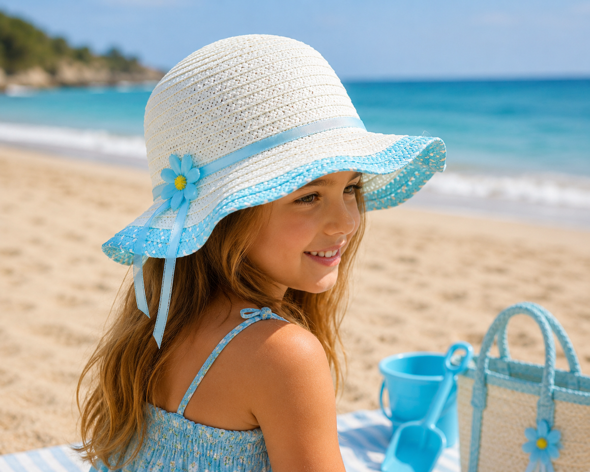 Girls' Pink Blossom Floppy Straw Sun Hat
