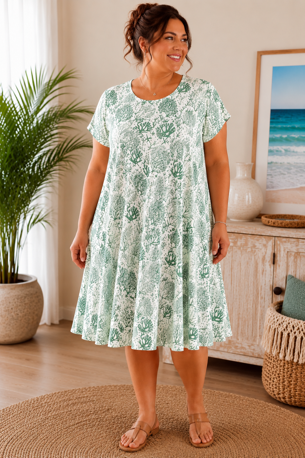 Ocean Coral Print A-Line Cotton Dress