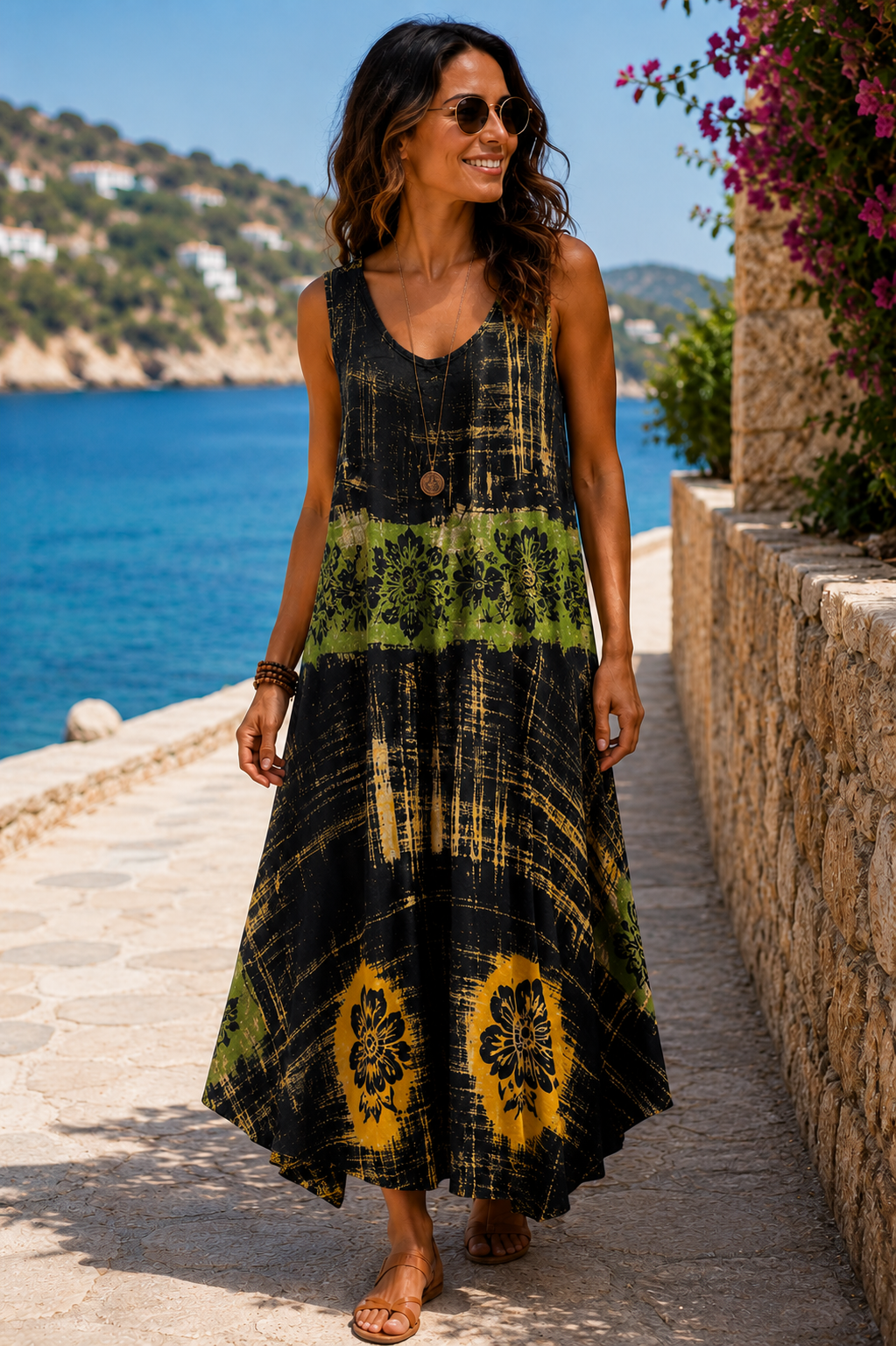 Bohemian Mosaic Sleeveless Midi Dress