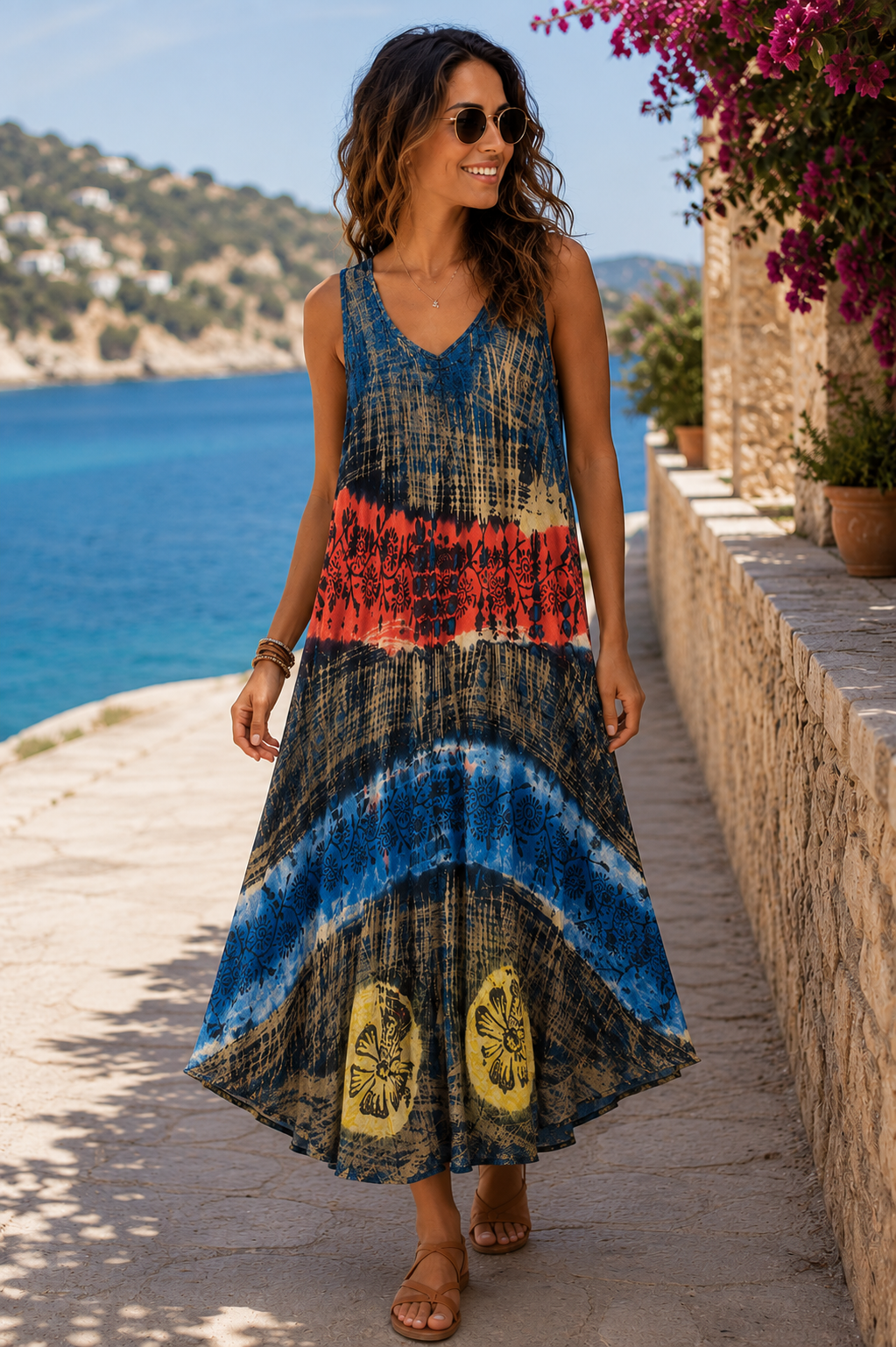 Bohemian Mosaic Sleeveless Midi Dress