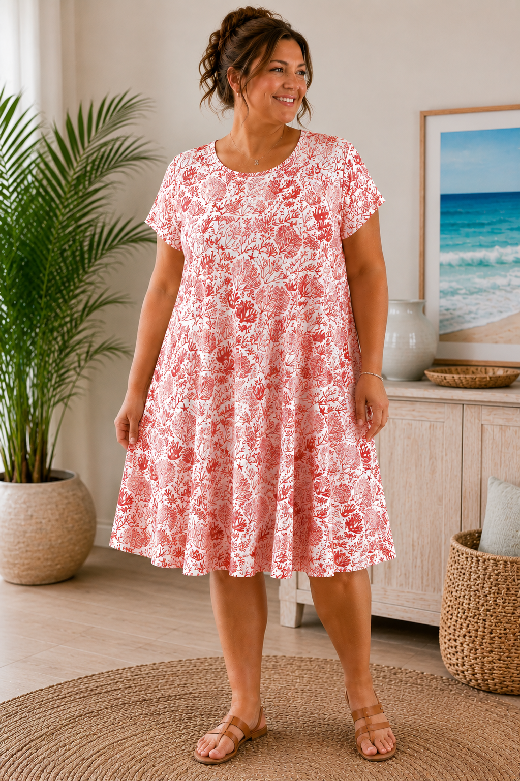 Ocean Coral Print A-Line Cotton Dress
