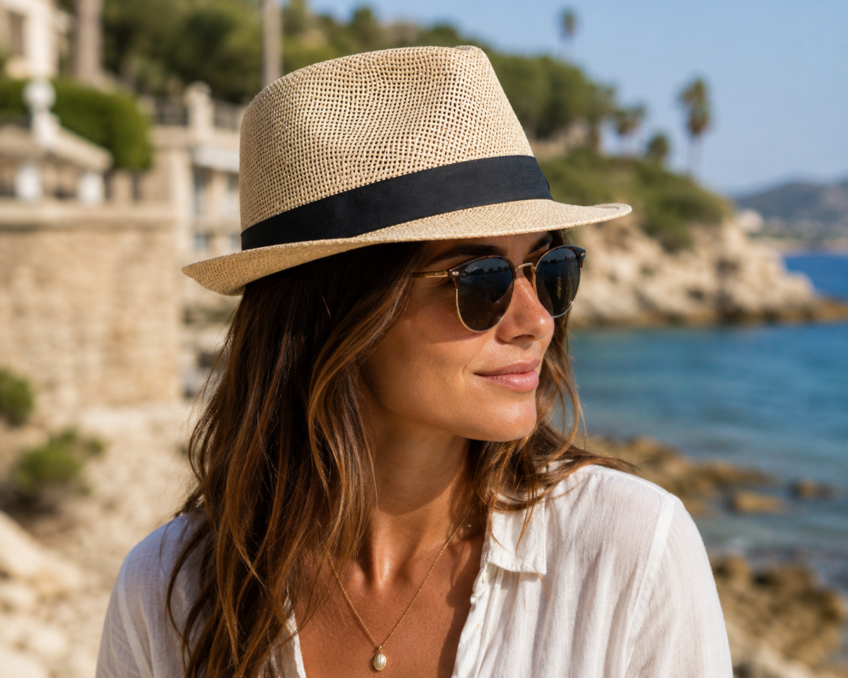 Classic Natural Straw Fedora Hat with Black Band