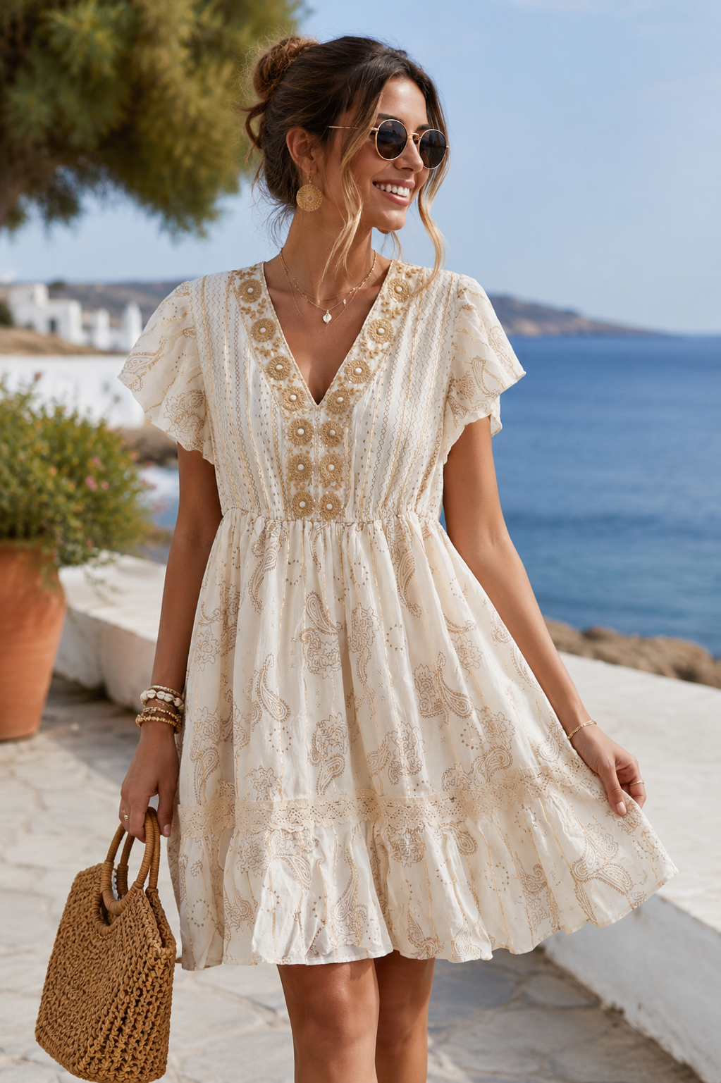 Boho Luxe Paisley Embellished Smock Dress – Cream & Gold
