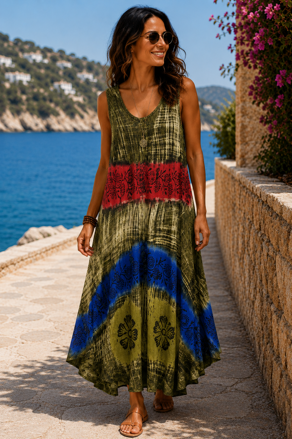 Bohemian Mosaic Sleeveless Midi Dress