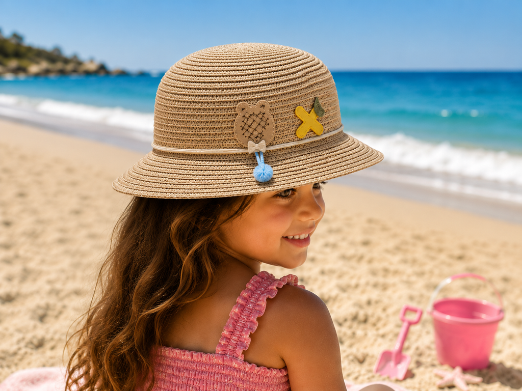 Girls' Woven Summer Sun Hat with Ice Cream Charm
