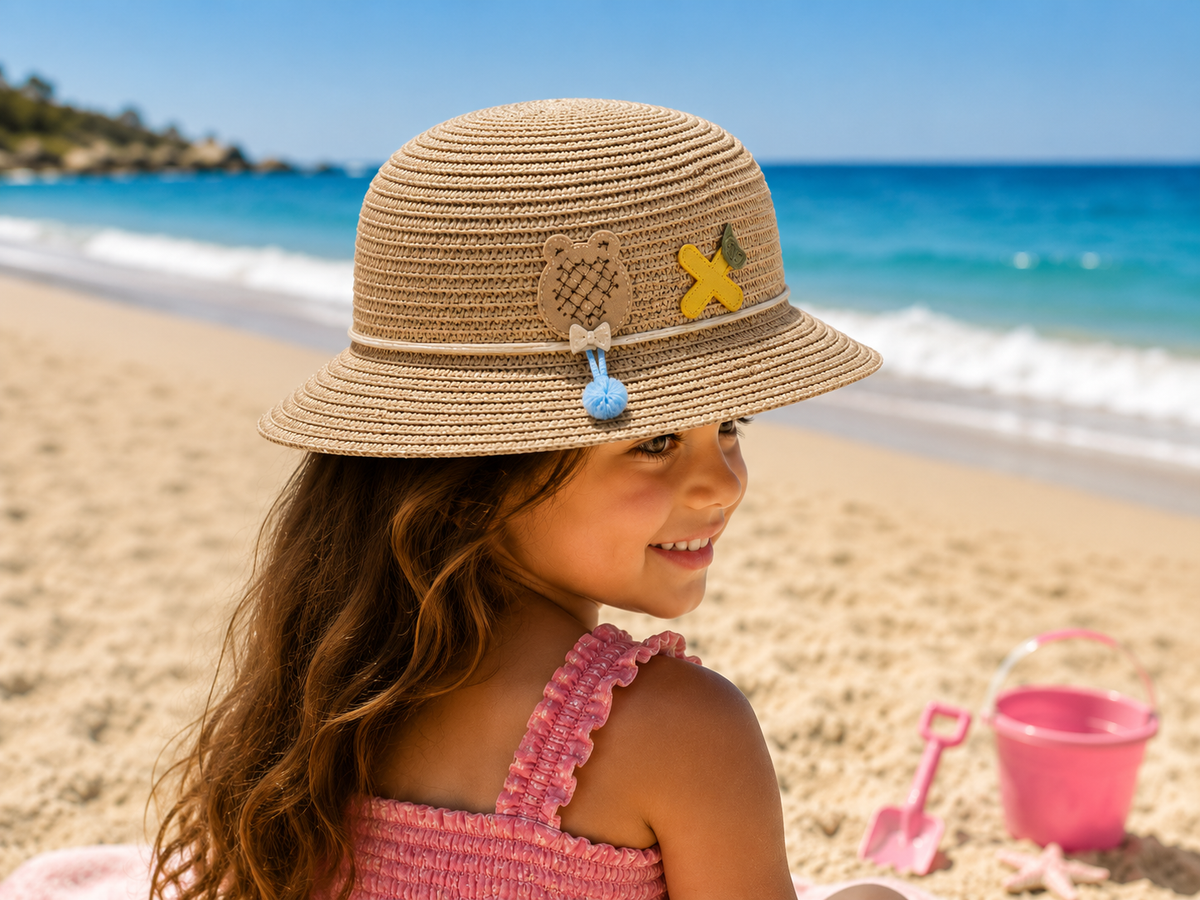 Girls' Woven Summer Sun Hat with Ice Cream Charm