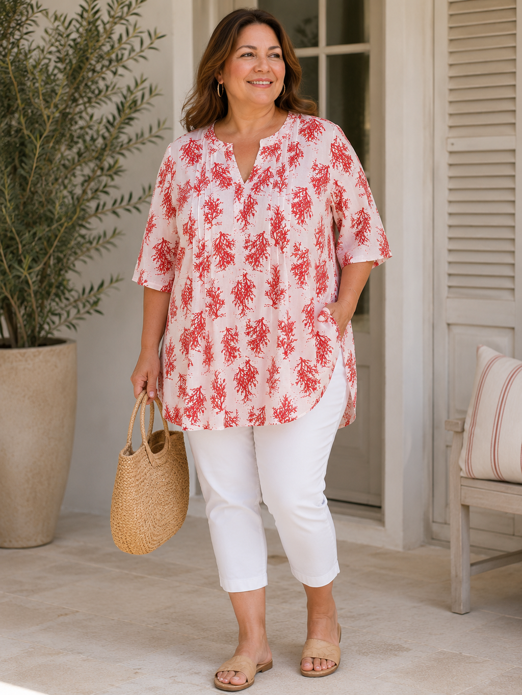Coastal Coral Print Linen Blend Tunic Dress