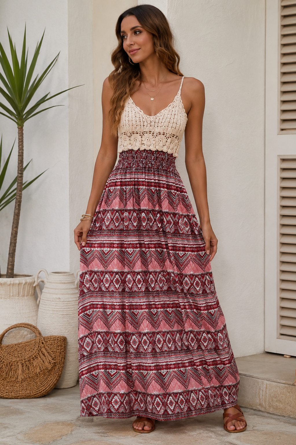 Boho Crochet Bodice Tribal Print Maxi Dress