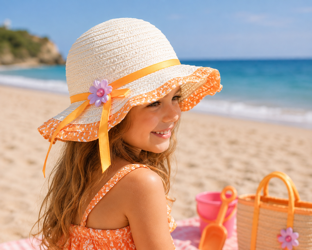 Girls' Pink Blossom Floppy Straw Sun Hat