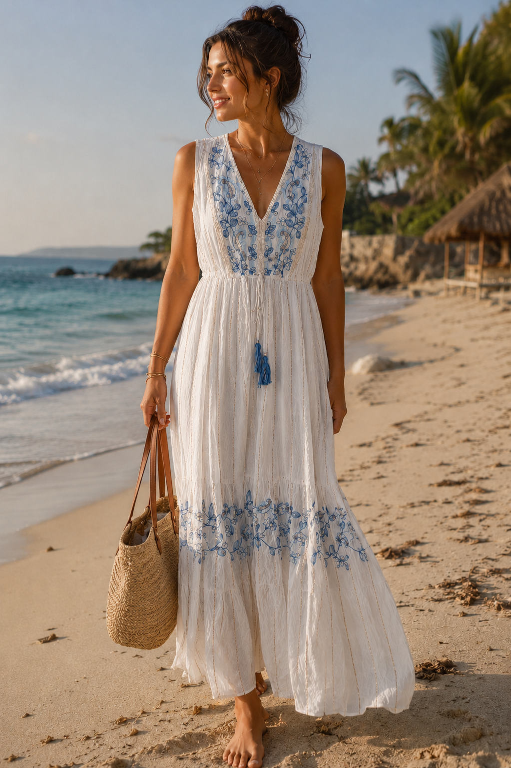 Boho Embroidered Tassel Maxi Dress
