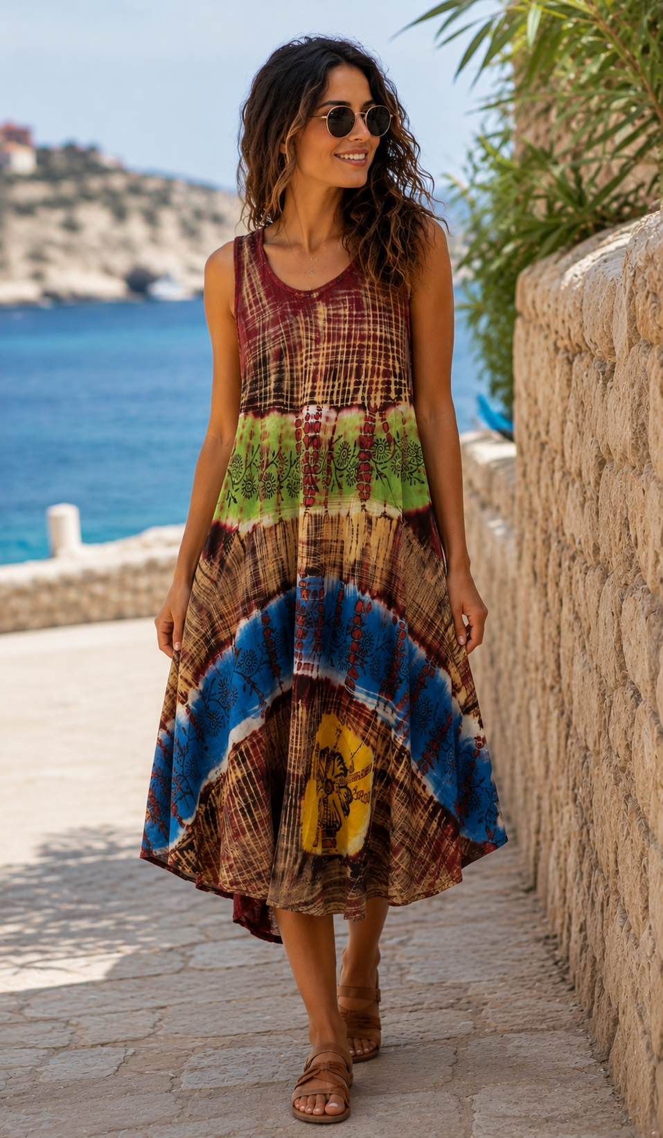 Bohemian Mosaic Sleeveless Midi Dress