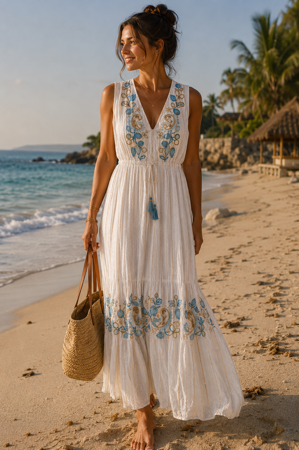 Boho Embroidered Tassel Maxi Dress