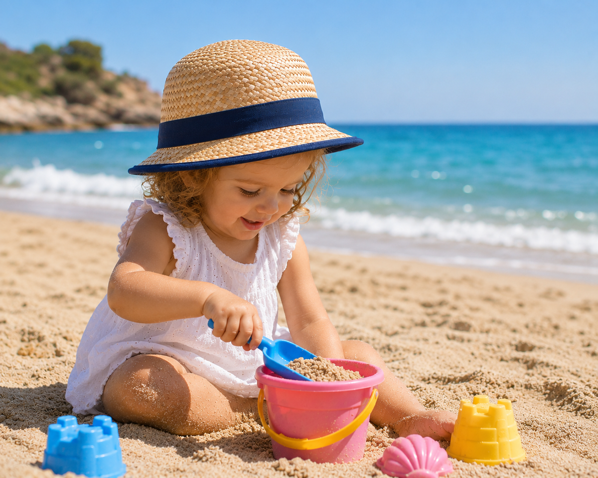 Classic Woven Straw Sun Hat with Navy Ribbon