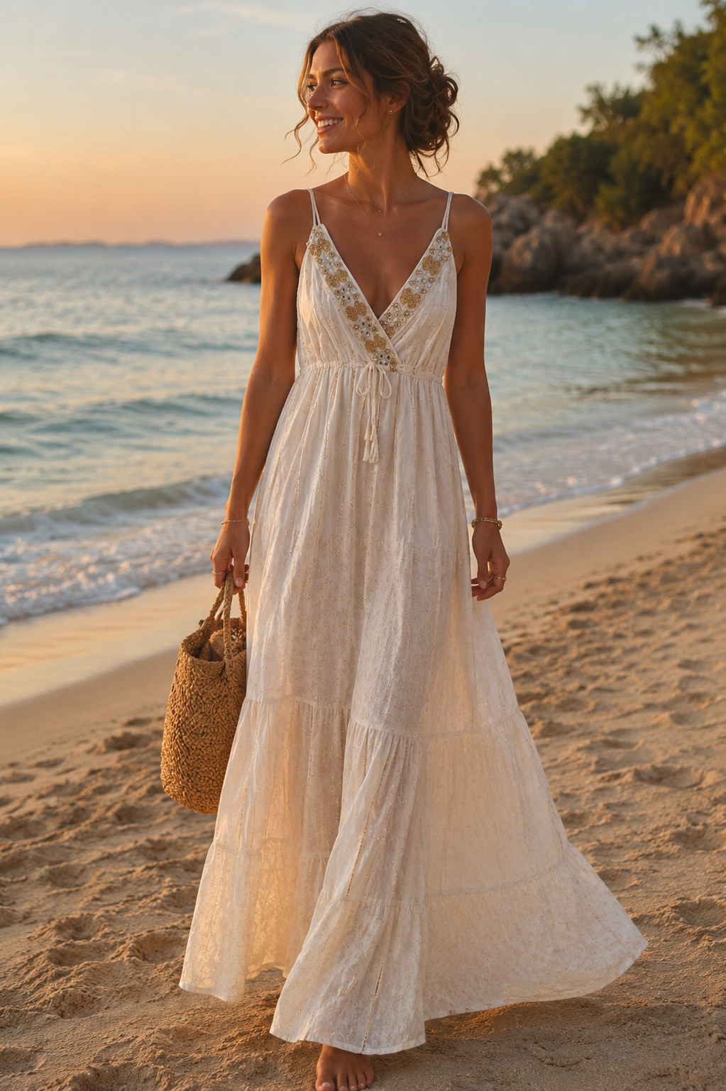 Ivory Boho Embellished Maxi Dress