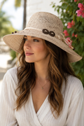 Natural Woven Wide Brim Sun Hat with Coconut Button Detail