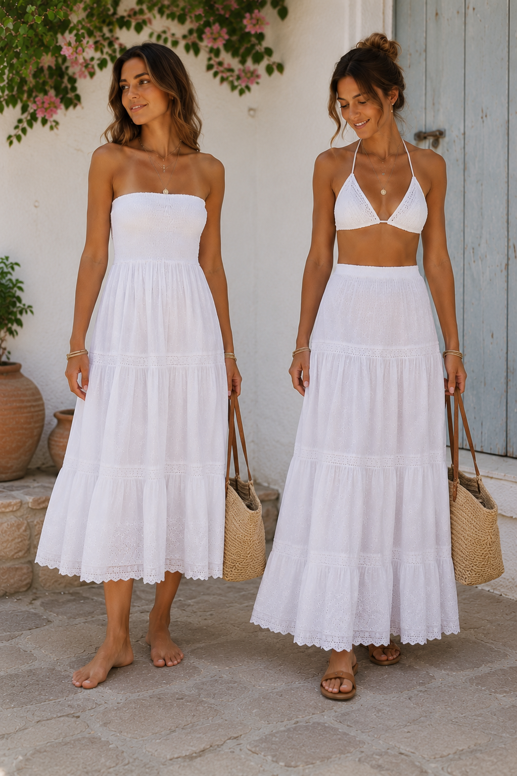 White Smocked Convertible Maxi Dress & Long Skirt