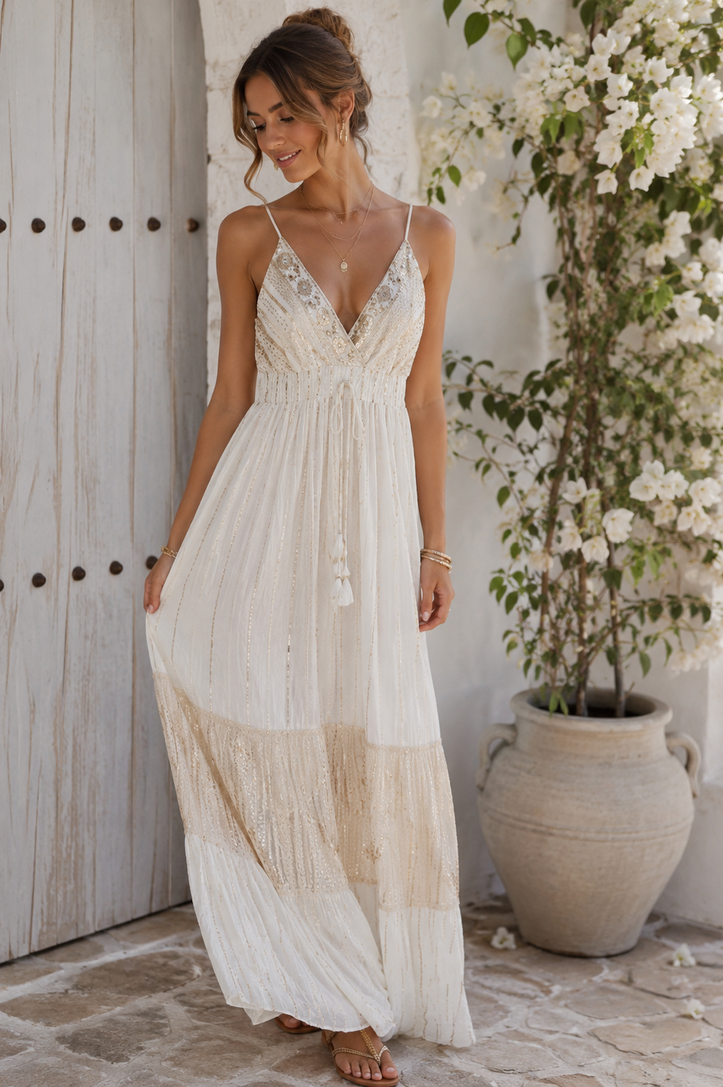 Ivory & Gold Sequin Boho Maxi Dress