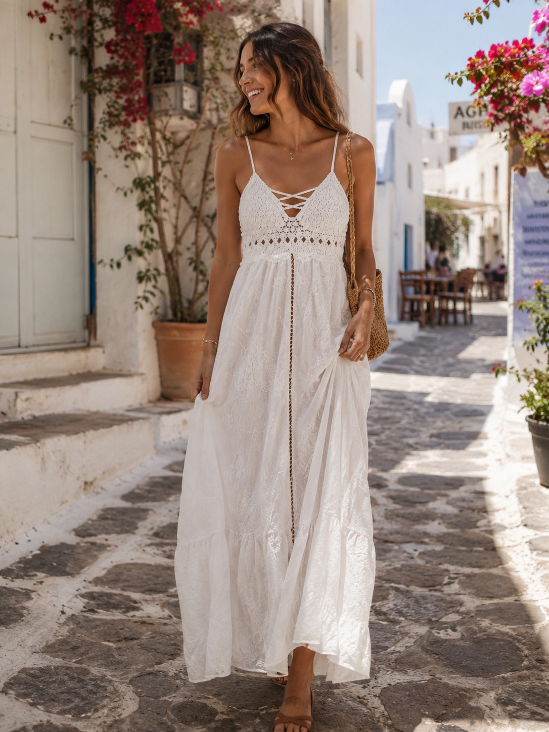 White Boho Lace Crochet Maxi Dress