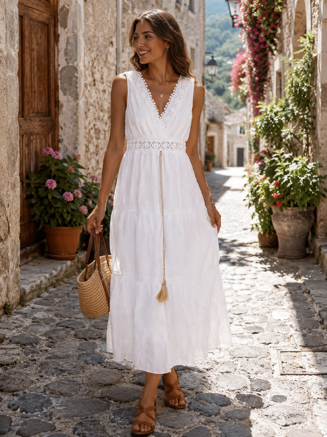 White Boho Lace V-Neck Sleeveless Dress