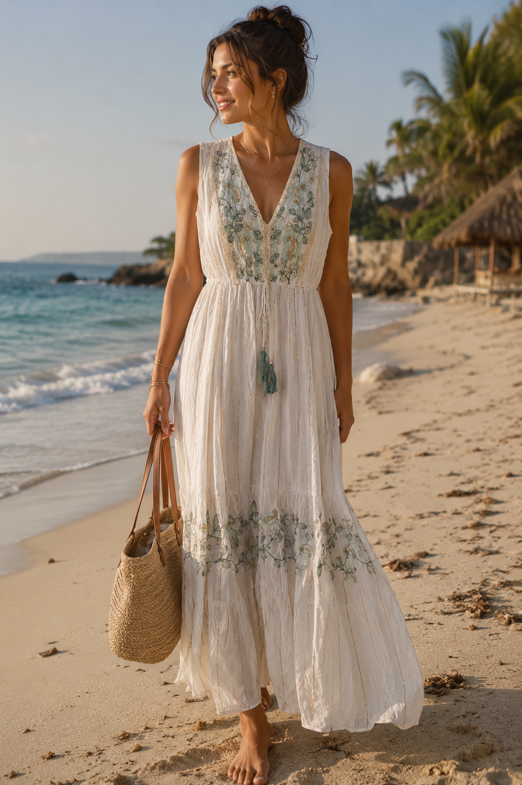 Boho Embroidered Tassel Maxi Dress