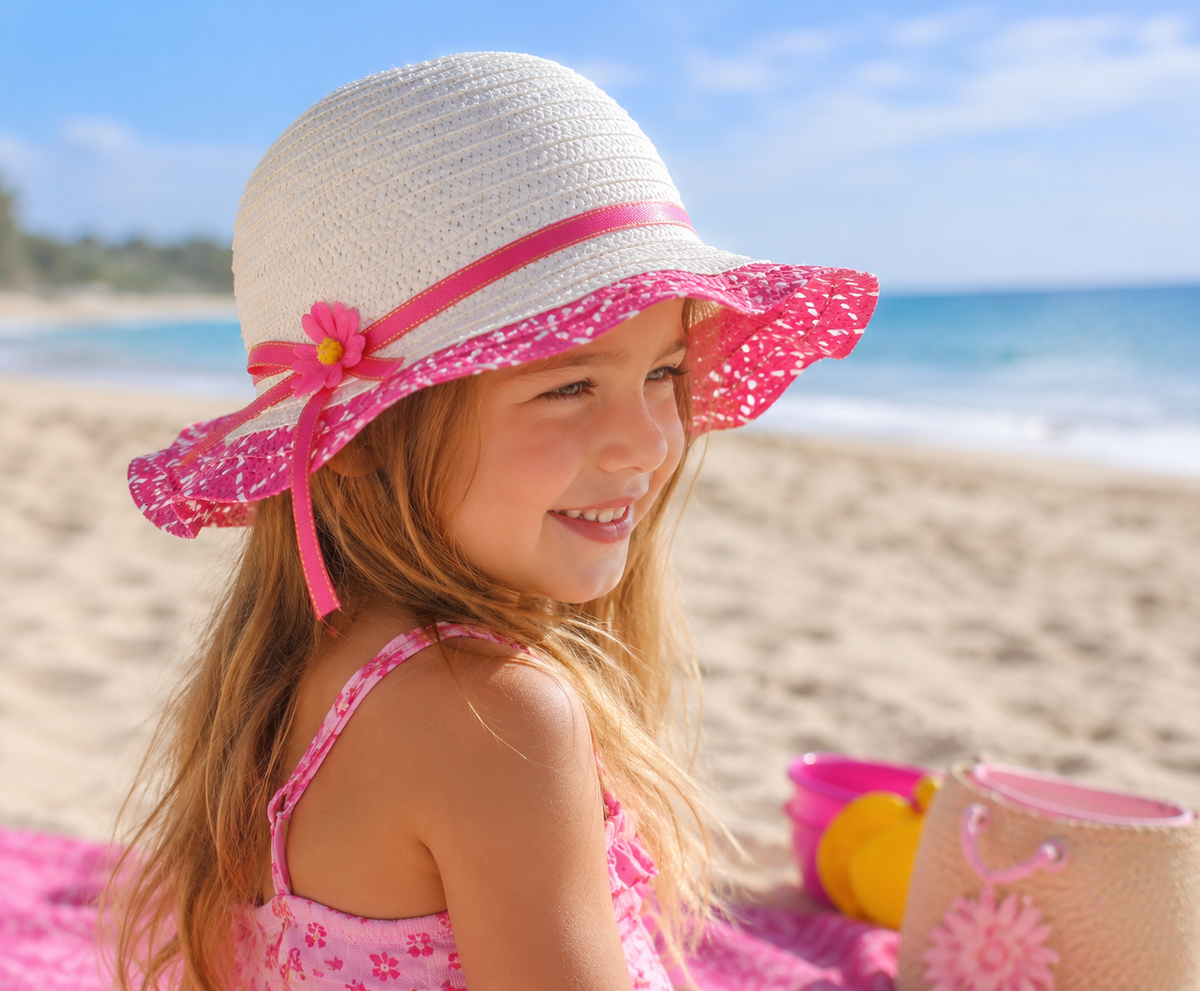 Girls' Pink Blossom Floppy Straw Sun Hat