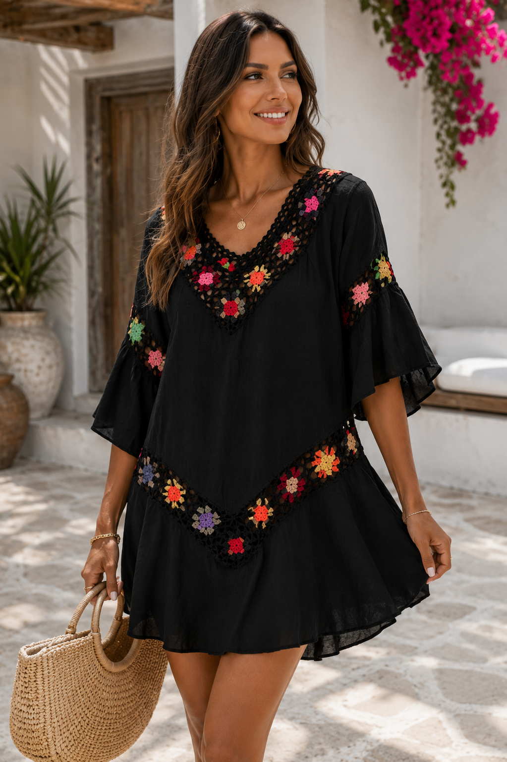 Luna Crochet Trim Boho Mini Dress