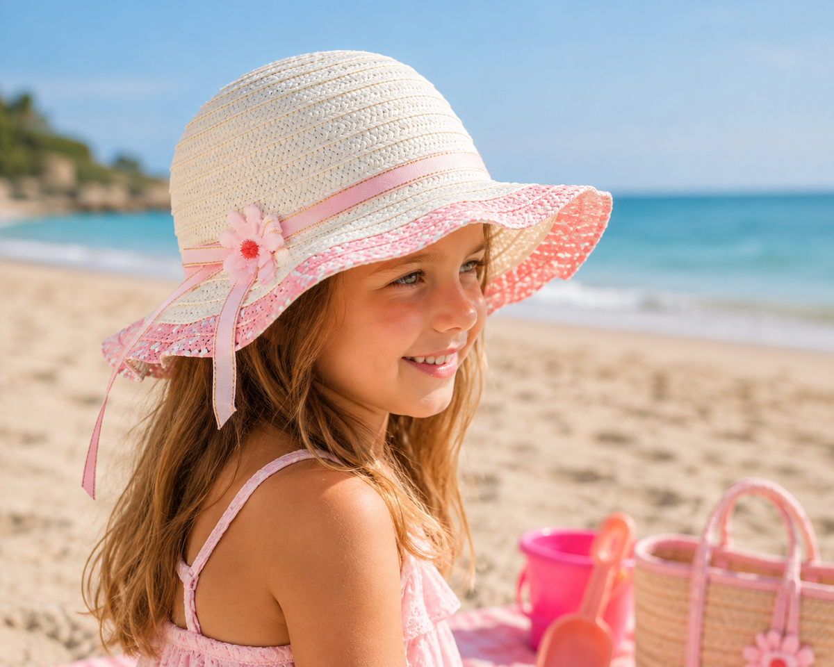 Girls' Pink Blossom Floppy Straw Sun Hat