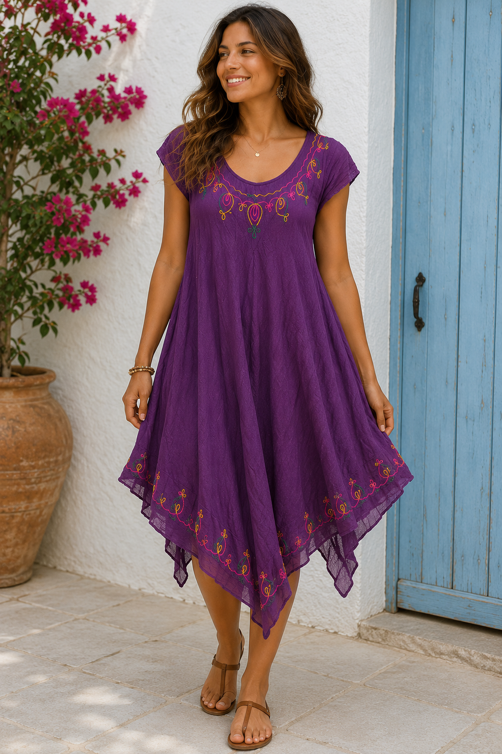 Boho Embroidered Handkerchief Hem Dress