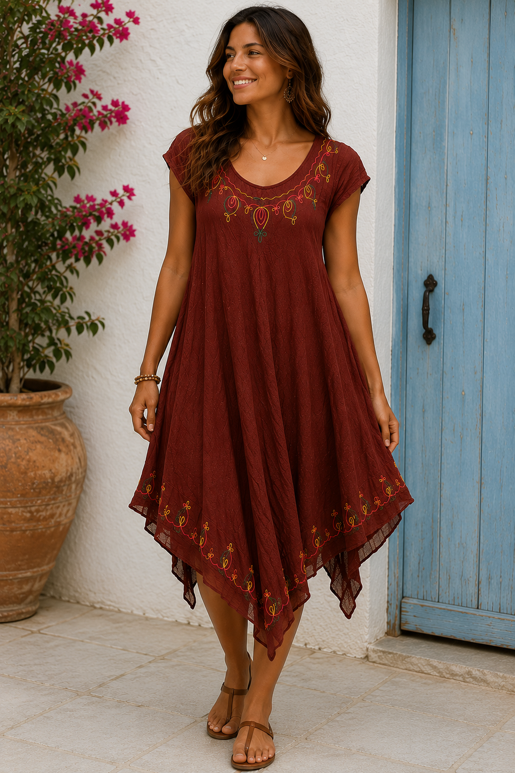 Boho Embroidered Handkerchief Hem Dress