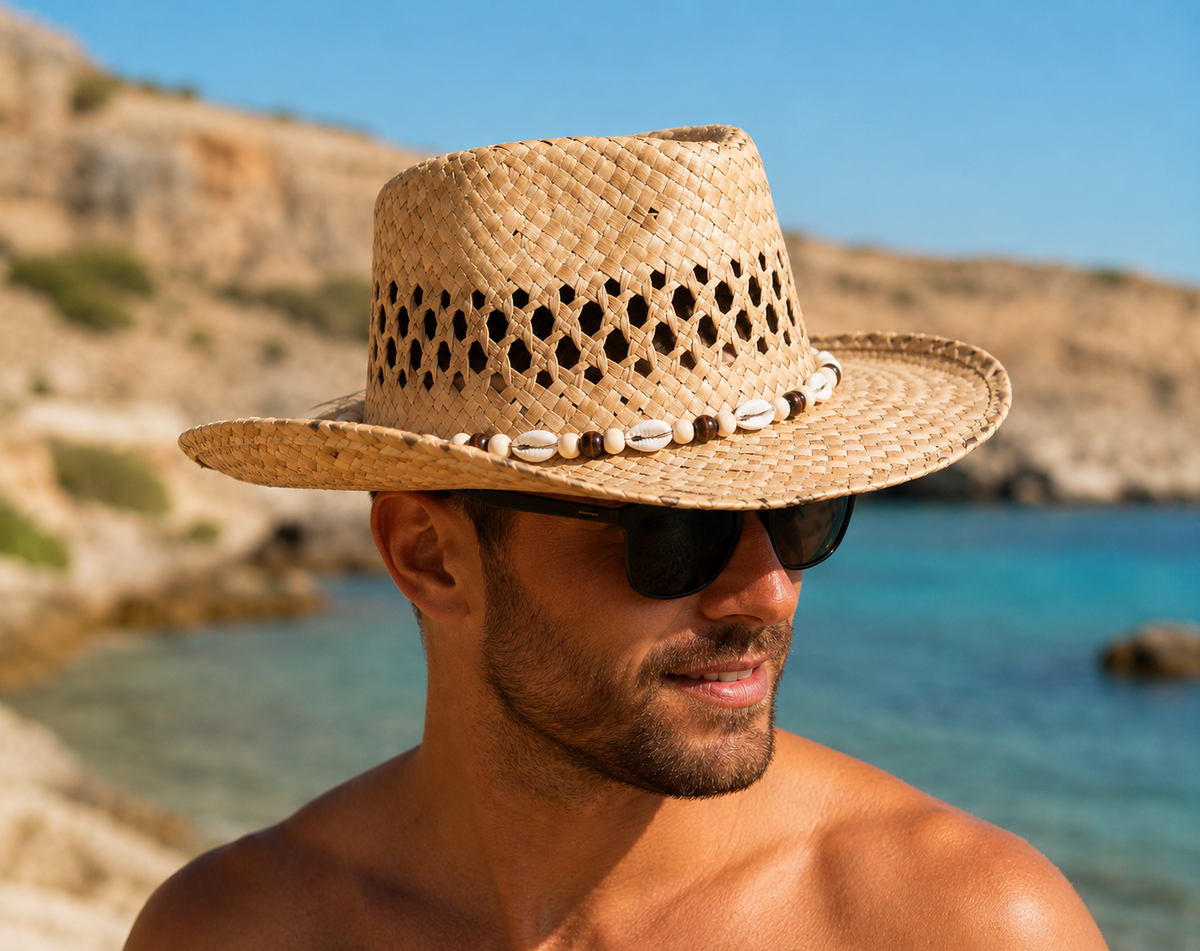 Coastal Breeze Woven Straw Sun Hat with Shell Bead Band
