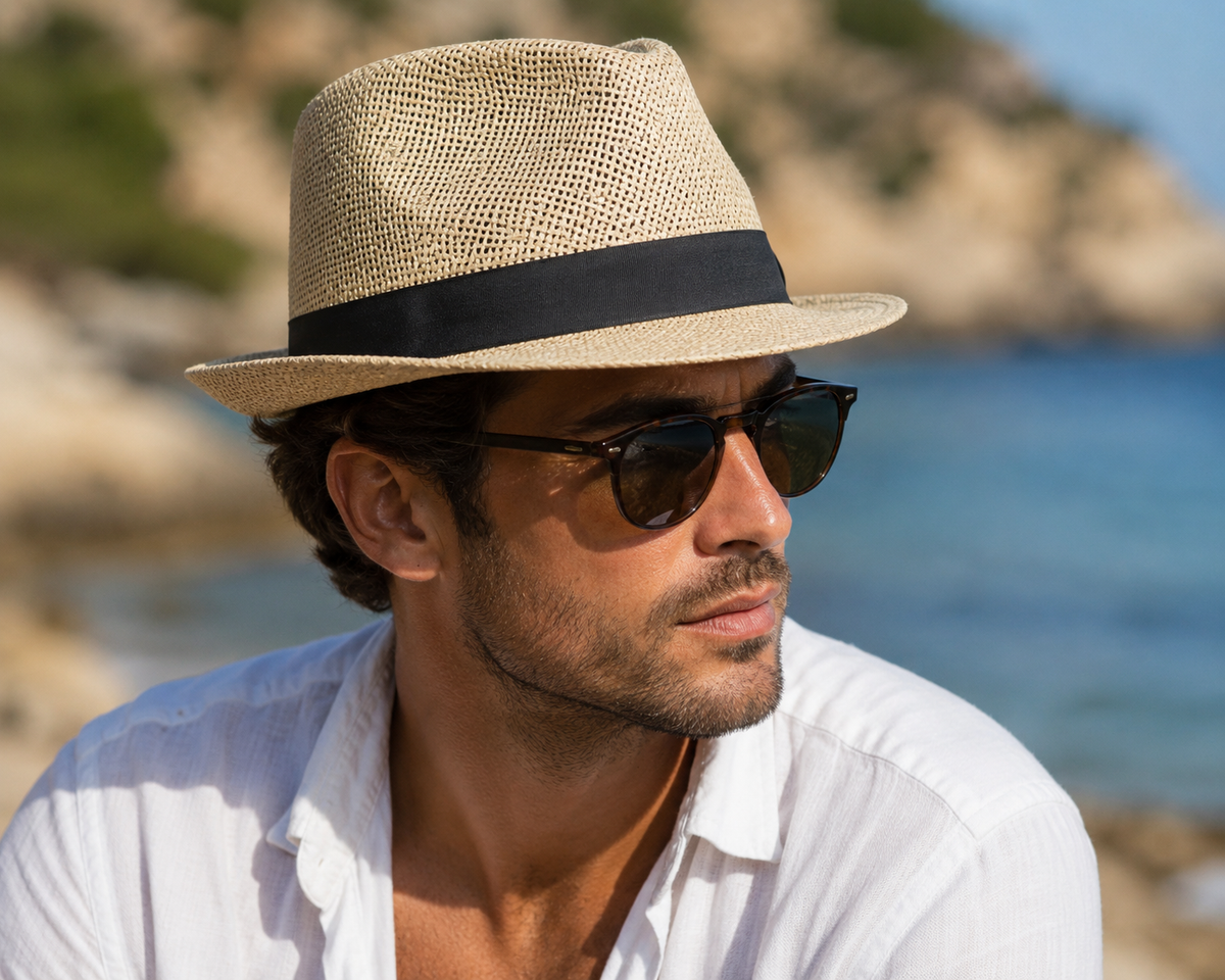 Classic Natural Straw Fedora Hat with Black Band
