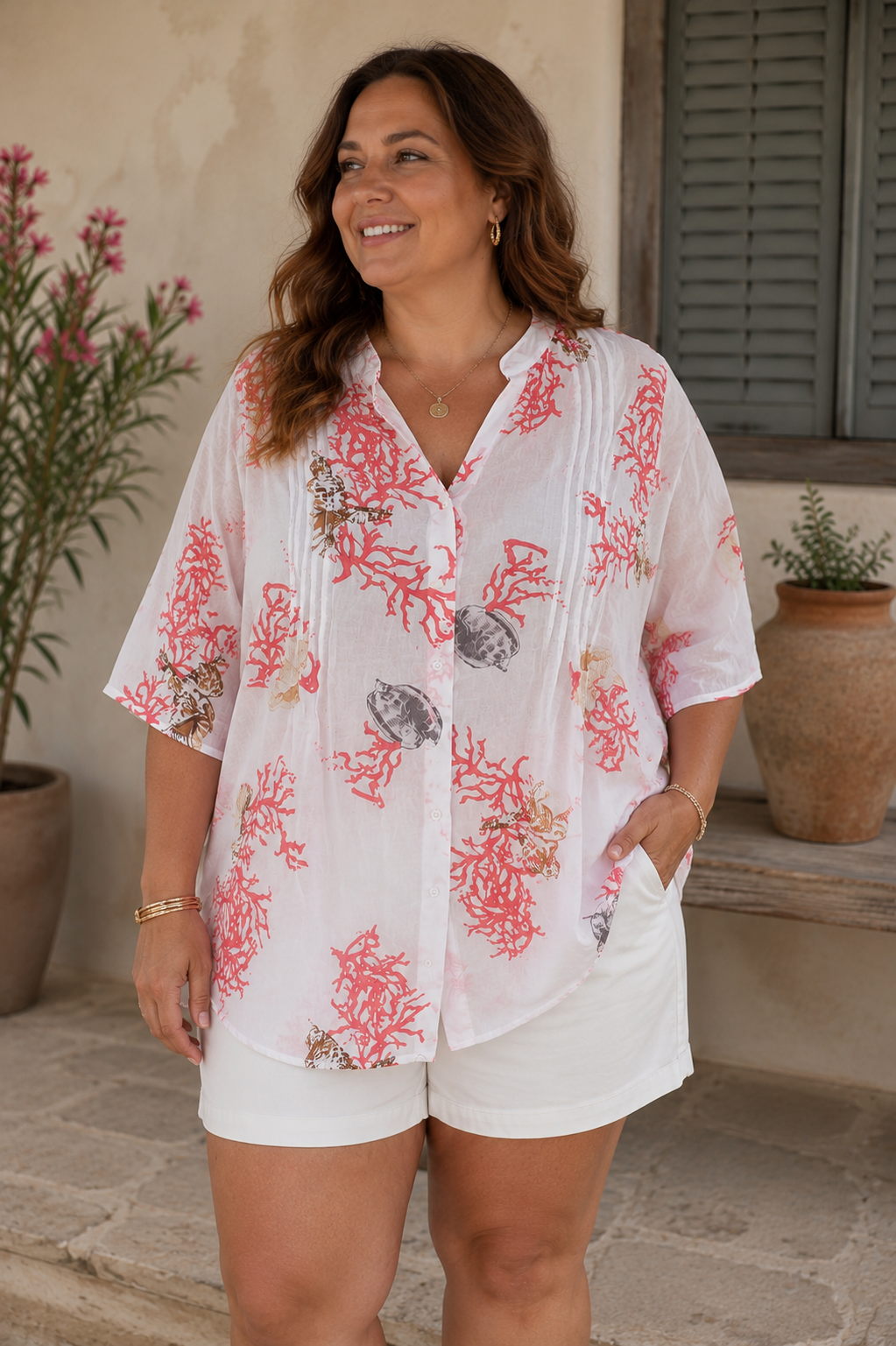 Coral Reef Print Sheer Cotton Blouse