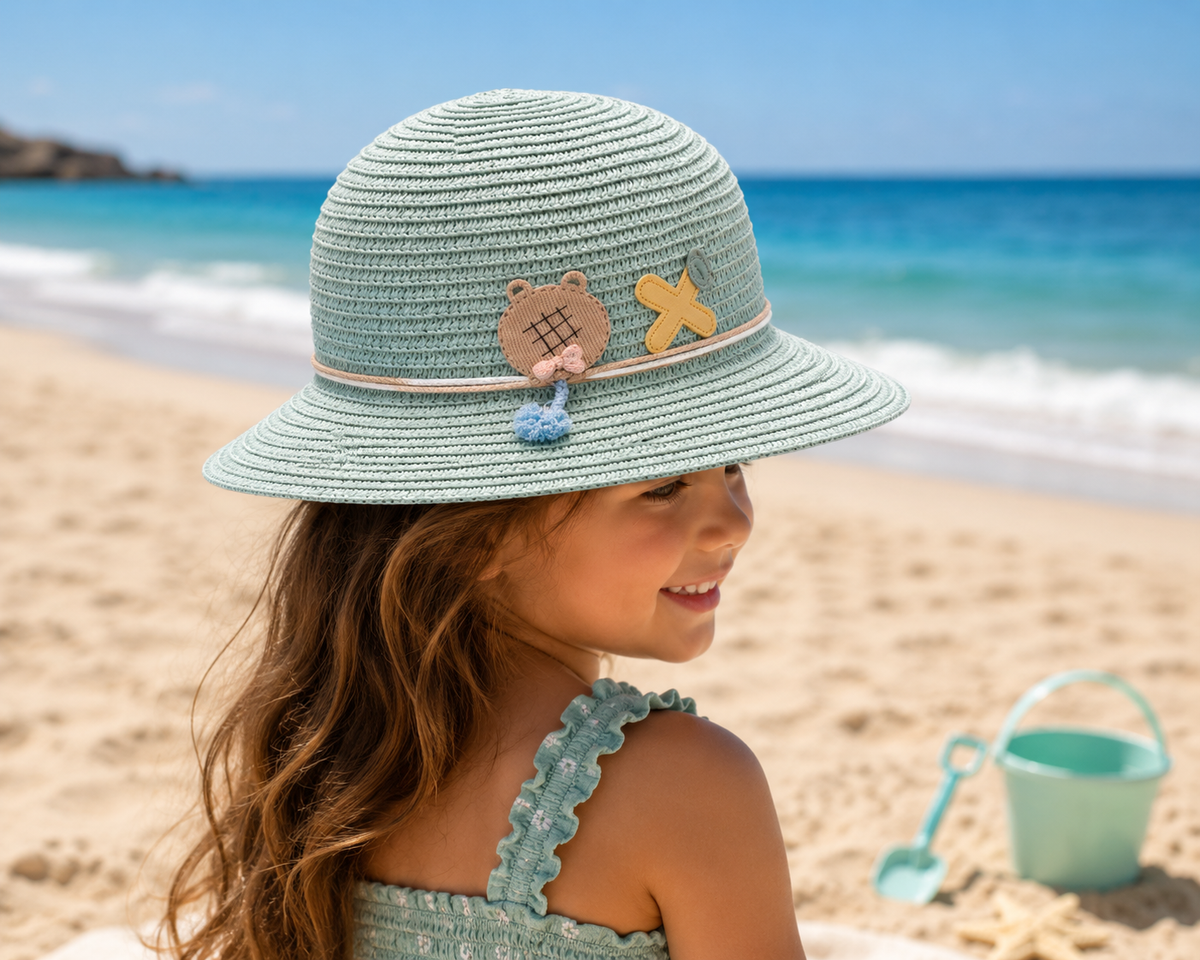 Girls' Woven Summer Sun Hat with Ice Cream Charm