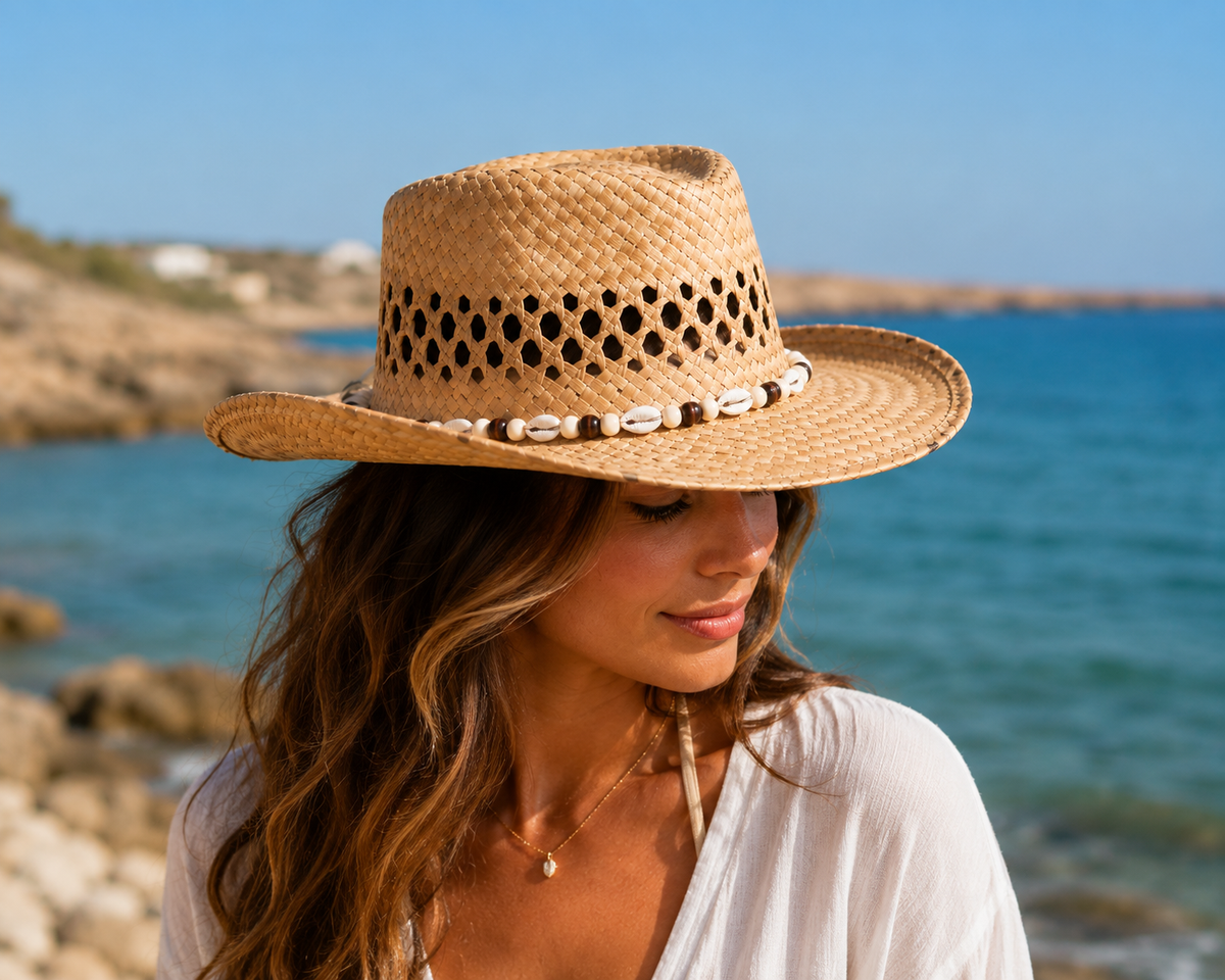 Coastal Breeze Woven Straw Sun Hat with Shell Bead Band