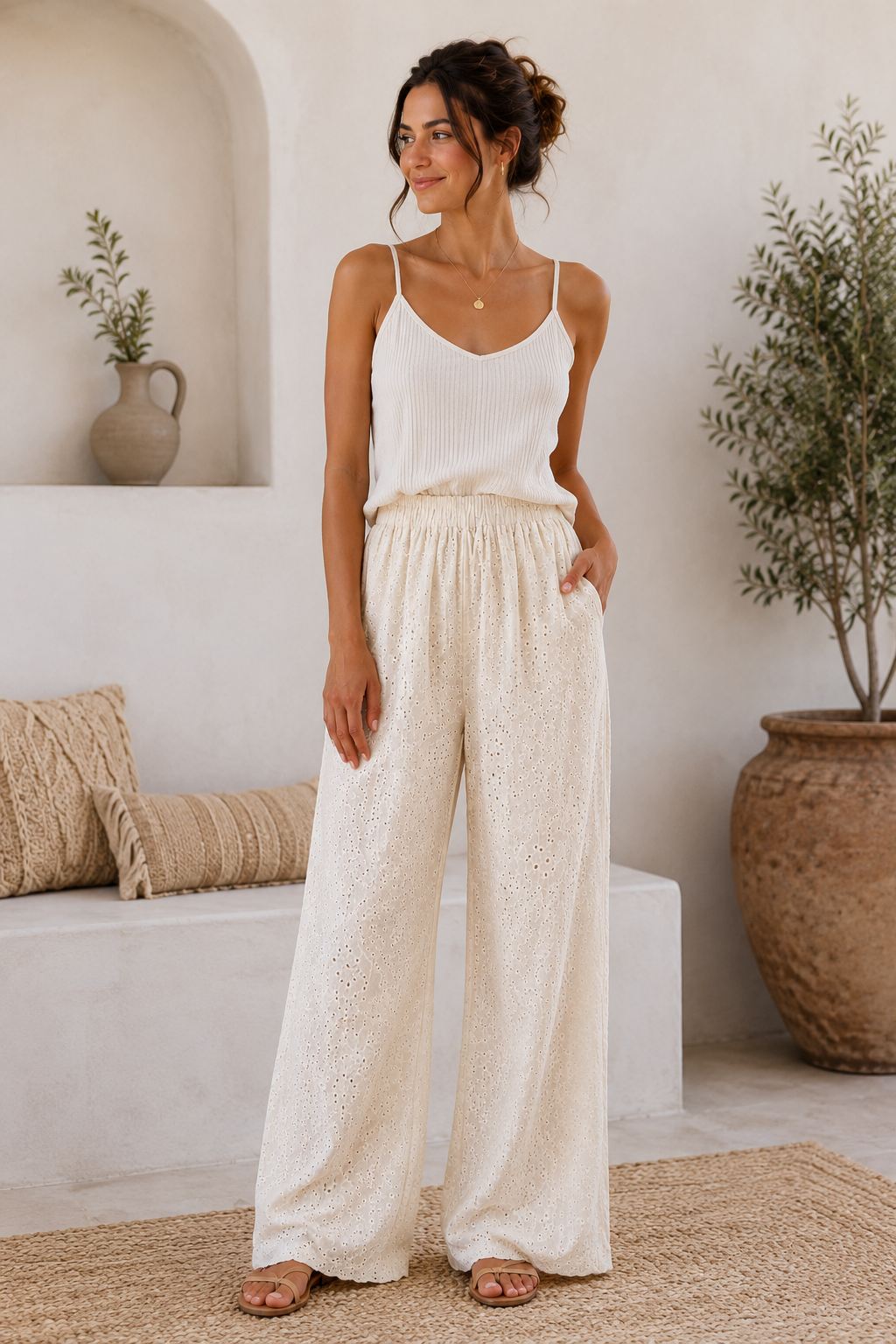 Broderie Anglaise Wide-Leg Cotton Trousers