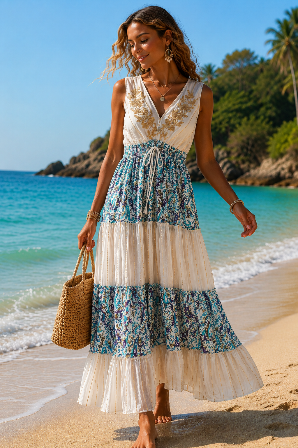 Bohemian Embroidered Paisley Midi Dress