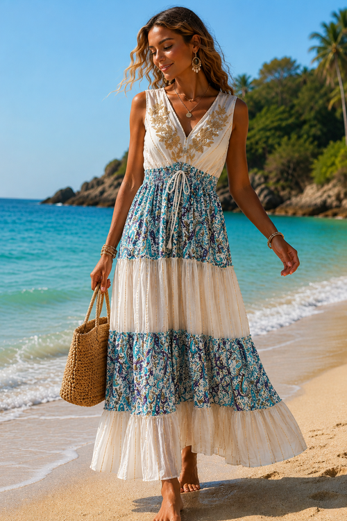 Bohemian Embroidered Paisley Midi Dress